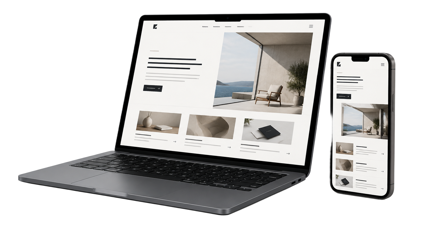 Site fictício exibido em um notebook e um celular